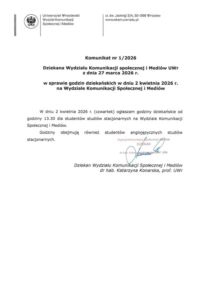 komunikat godziny dziekańskie 02.04.2026